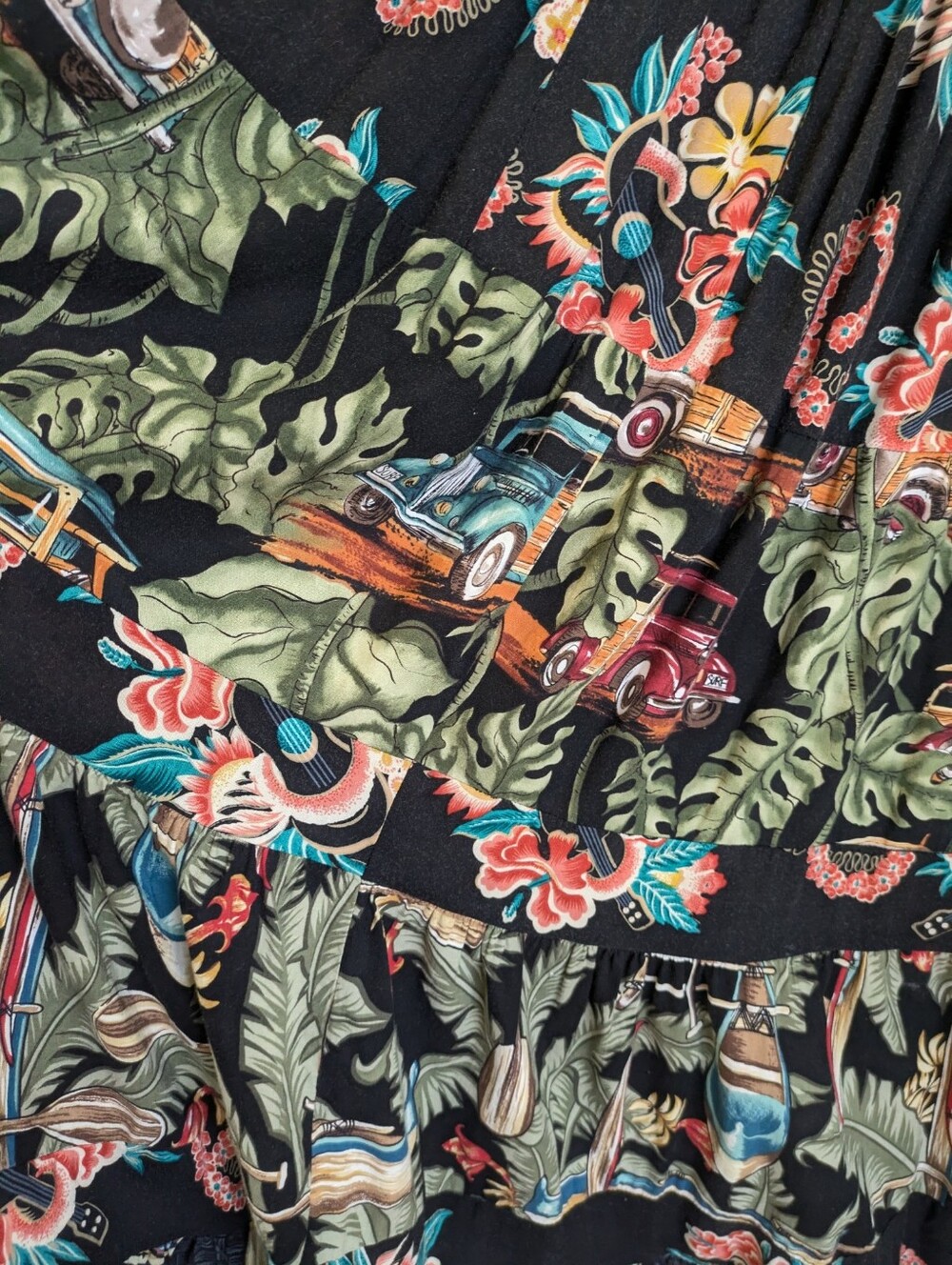 Anna Konya Tiered Full Circle Skirt OS Hawaiian Tropical Woody Wagon Tiki VTG - Picture 5 of 10